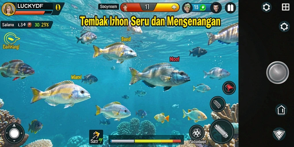 Screenshot utama LUCKYDF menampilkan aksi menembak ikan yang seru.
