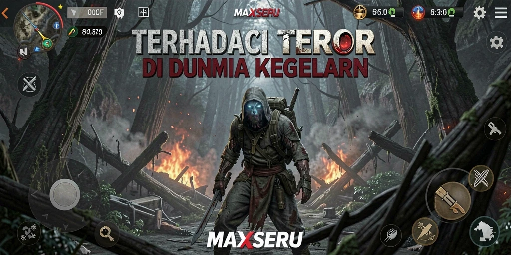 Tangkapan layar gameplay MAXSERU menampilkan suasana seram dan mencekam.
