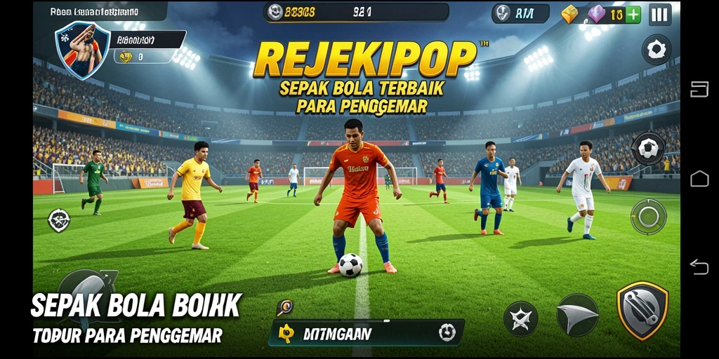 Tampilan menarik dari gameplay REJEKIPOP dengan aksi sepak bola yang seru.